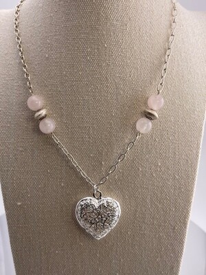 Bubble Sterling Silver Heart with Pink Quartz and Sterling Silver Beads Necklace