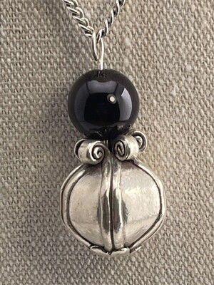 Genuine Black Onyx with Solid Sterling Silver Big Hand Made Bead Pendant