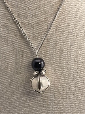 Genuine Black Onyx with Solid Sterling Silver Big Hand Made Bead Pendant
