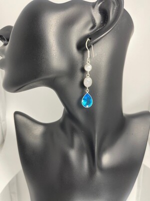 Rainbow Moonstone Drop Earrings with Sterling Silver Hoop