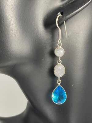 Rainbow Moonstone Drop Earrings with Sterling Silver Hoop