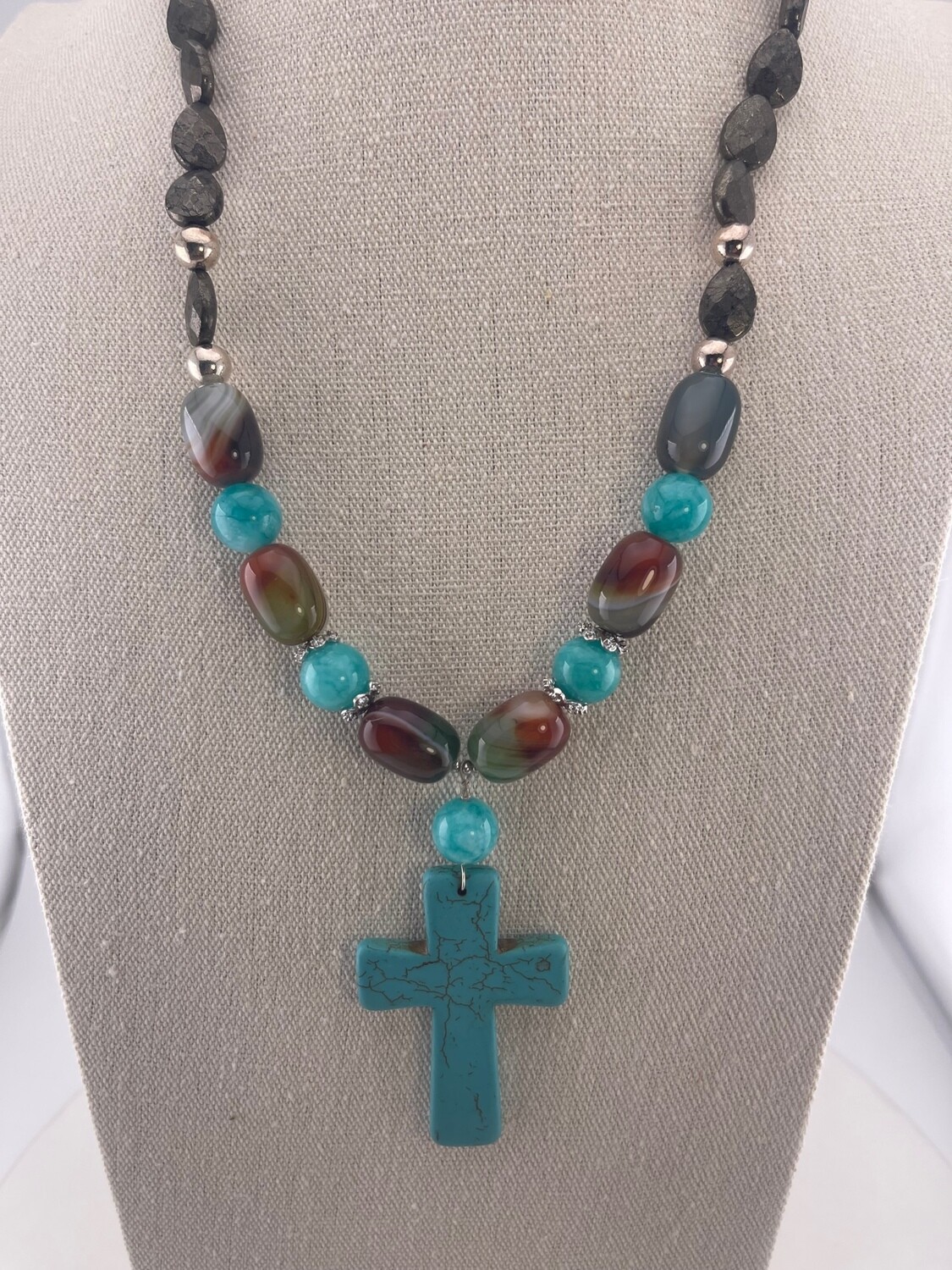 Turquoise Cross and Agate Beads with Sterling Silver Clasp