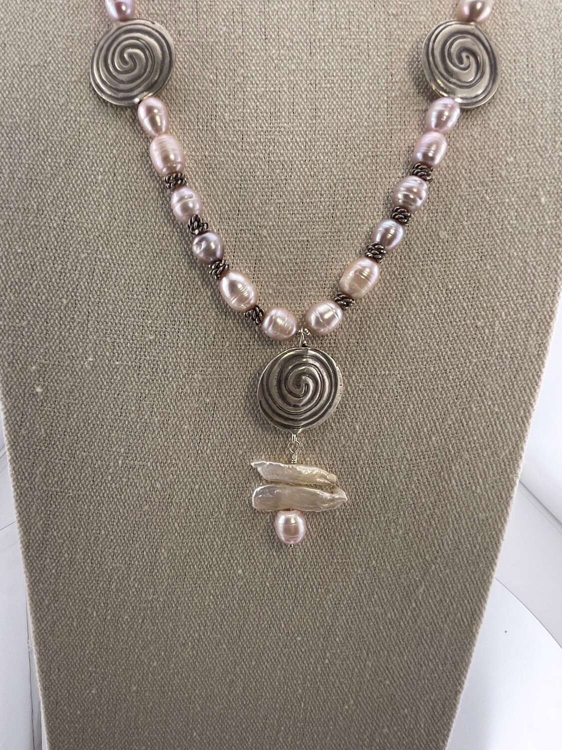 Sterling Silver, Pearl and Coral Beaded Necklace