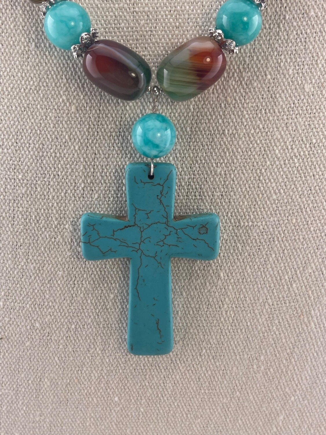 Turquoise Cross and Agate Beads with Sterling Silver Clasp