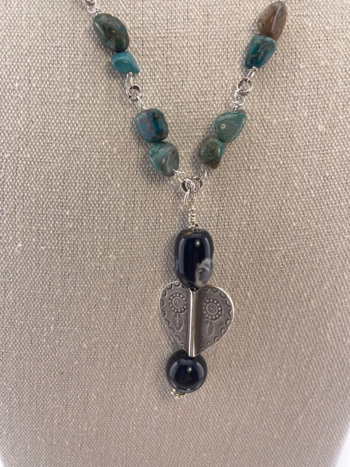 Gemstone, Sterling Silver and Agate Beaded Necklace 22 inch plus 2 inch Pendant
