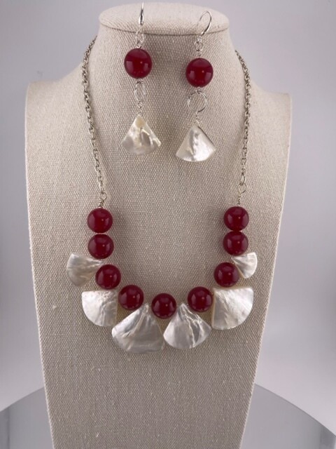 Ruby and Hard Shell with Sterling Silver Necklace and Earrings