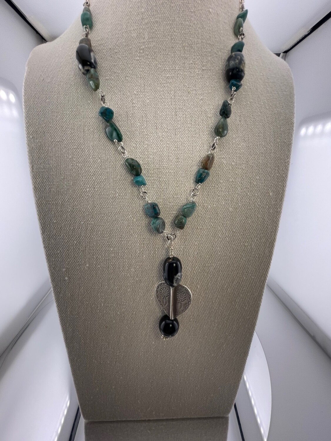 Gemstone, Sterling Silver and Agate Beaded Necklace 22 inch plus 2 inch Pendant