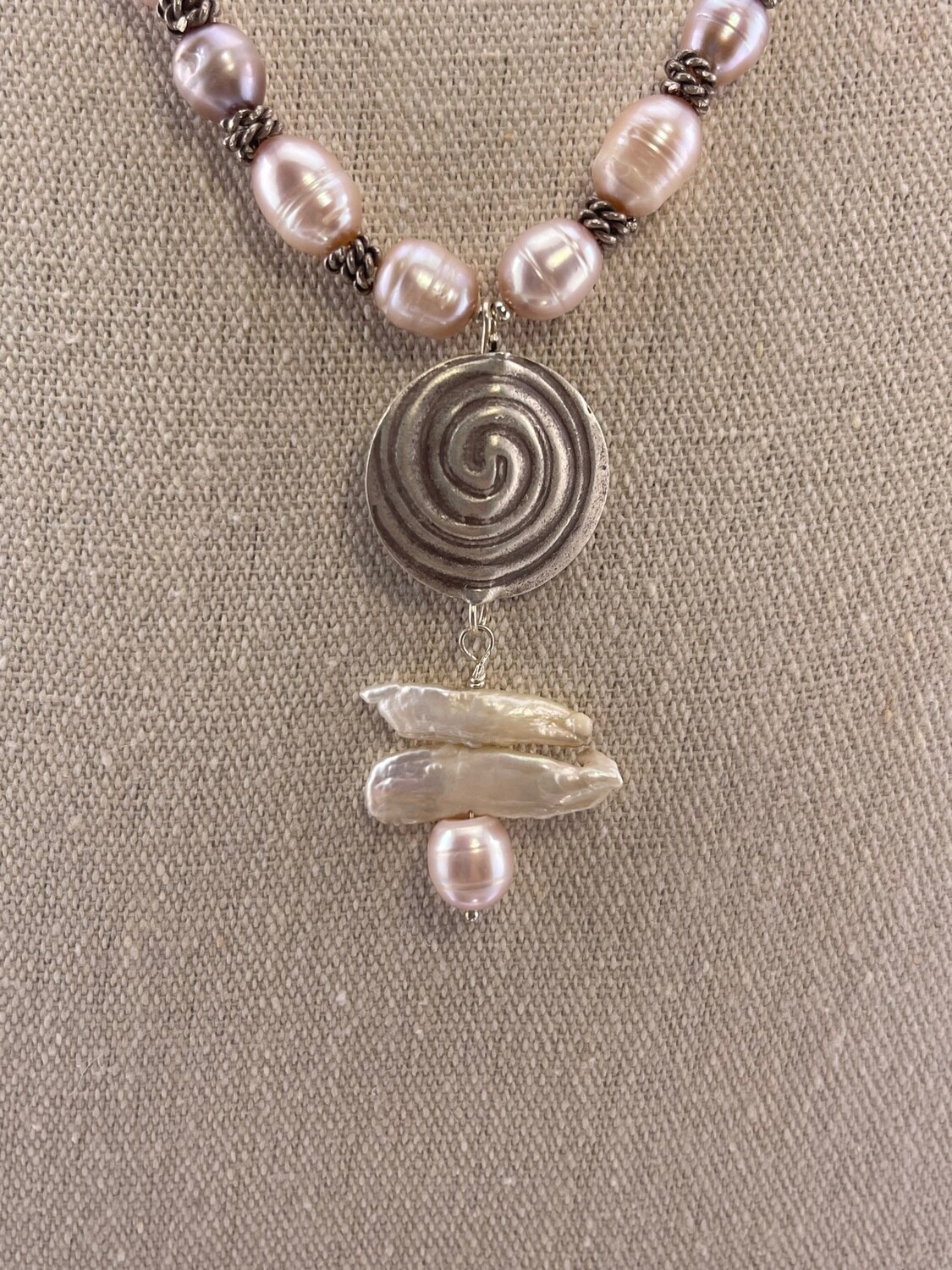 Sterling Silver, Pearl and Coral Beaded Necklace