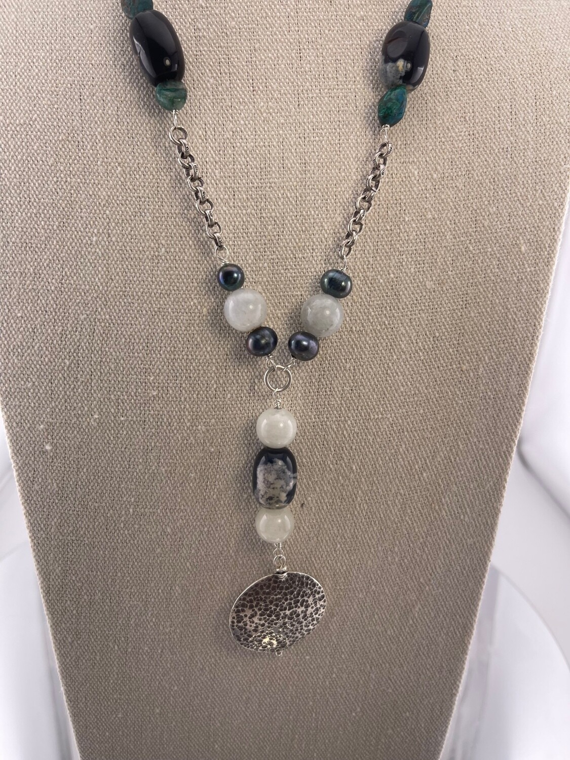 Moonstone, Black Pearl and Sterling Silver Necklace
