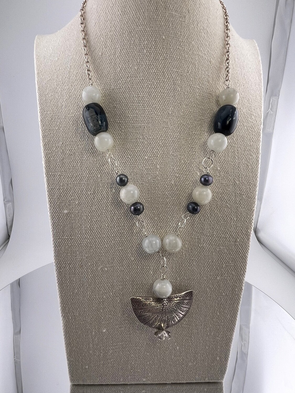 Moonstone, Black Pearl and Sterling Silver Necklace