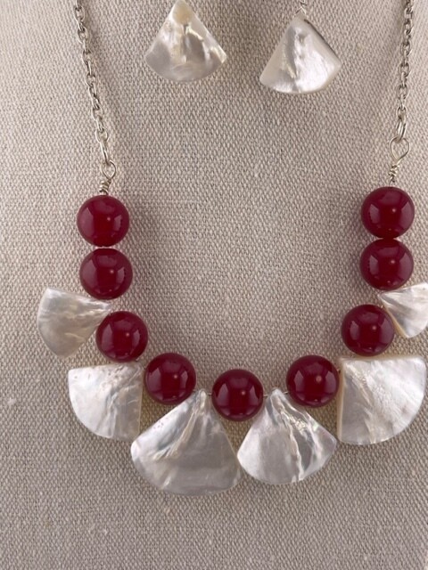 Ruby and Hard Shell with Sterling Silver Necklace and Earrings