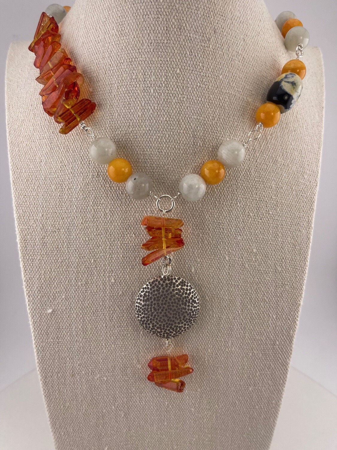 Beautiful Coral, Moonstone, Agate and Sterling Silver Necklace