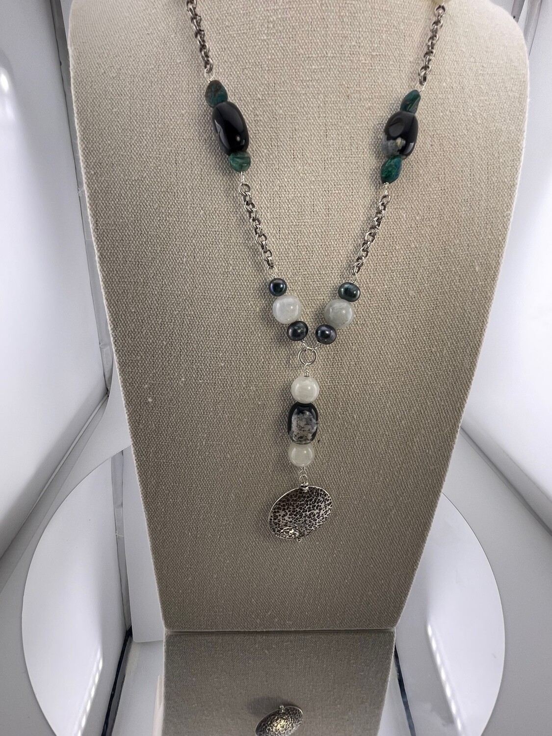 Moonstone, Black Pearl and Sterling Silver Necklace