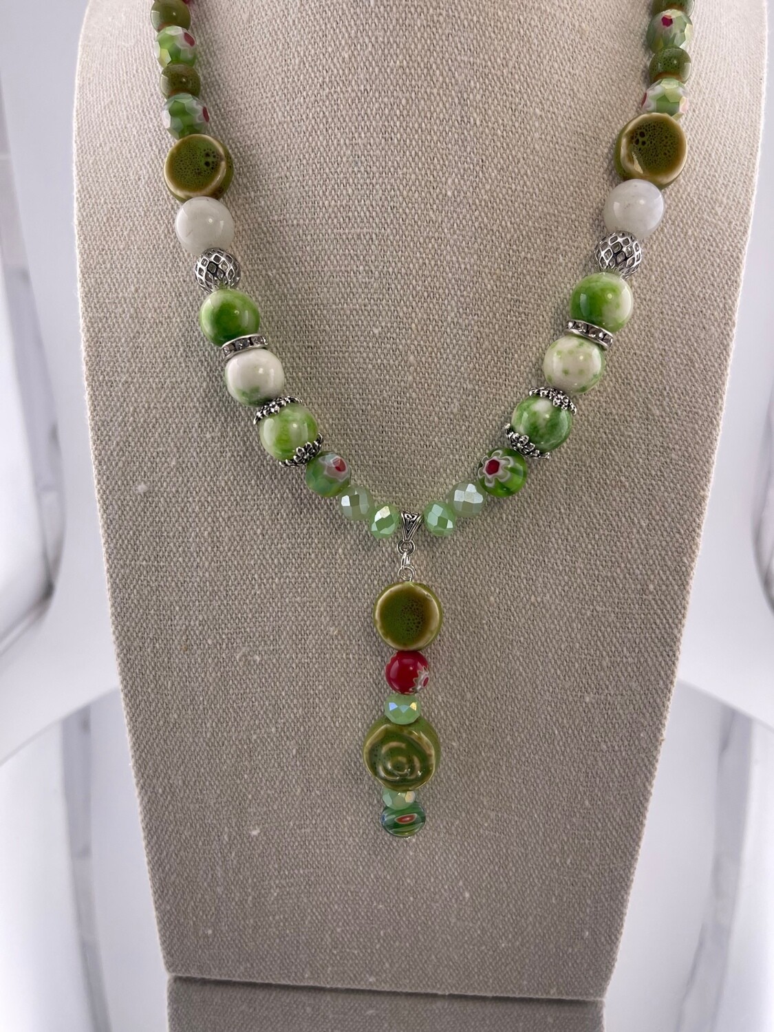 Ceramic Pendant with Gemstone and Crystal Beads