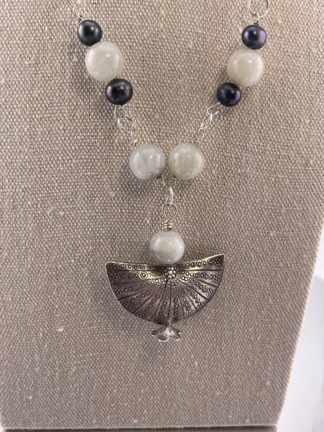 Moonstone, Black Pearl and Sterling Silver Necklace