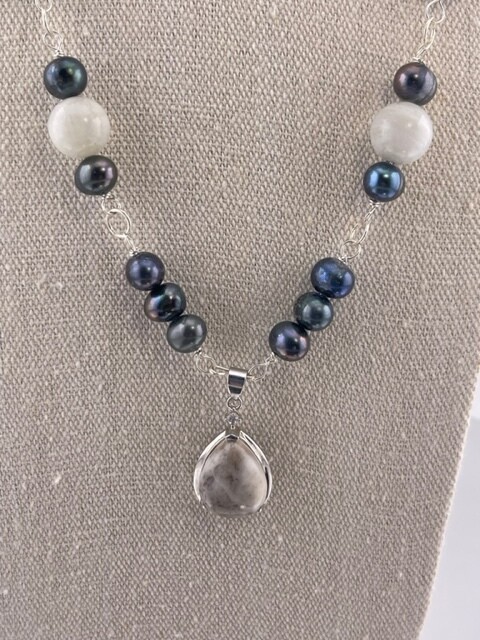 Moonstone , Pearl and Sterling Silver Necklace