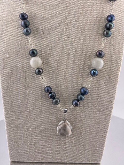 Moonstone , Pearl and Sterling Silver Necklace
