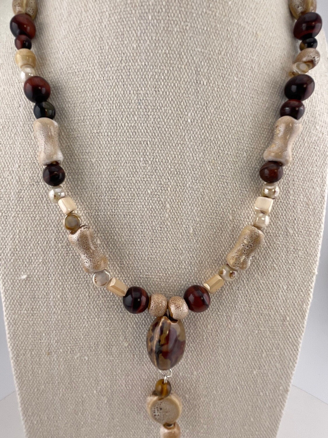 Ceramic, Tiger Eye and Sterling Silver Necklace