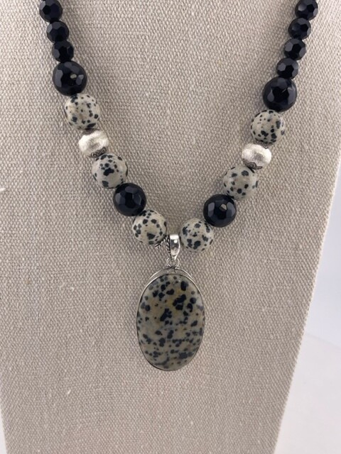 Dalmation and Black Faceted Onyx Gemstone Necklace and Pendant - All metal is Sterling Silver