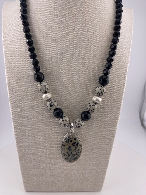 Dalmation and Black Faceted Onyx Gemstone Necklace and Pendant - All metal is Sterling Silver