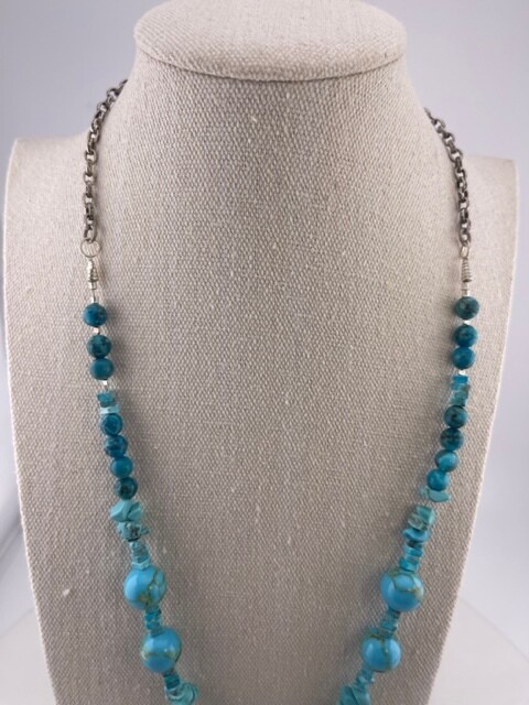 Turquoise Gemstone and Sterling Silver Beads and Chain Necklace