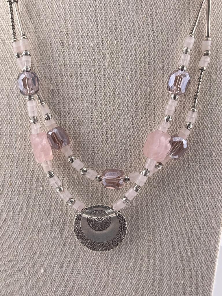 Beautiful Rose Quartz, Crystal and Sterling Silver Double Strand Necklace