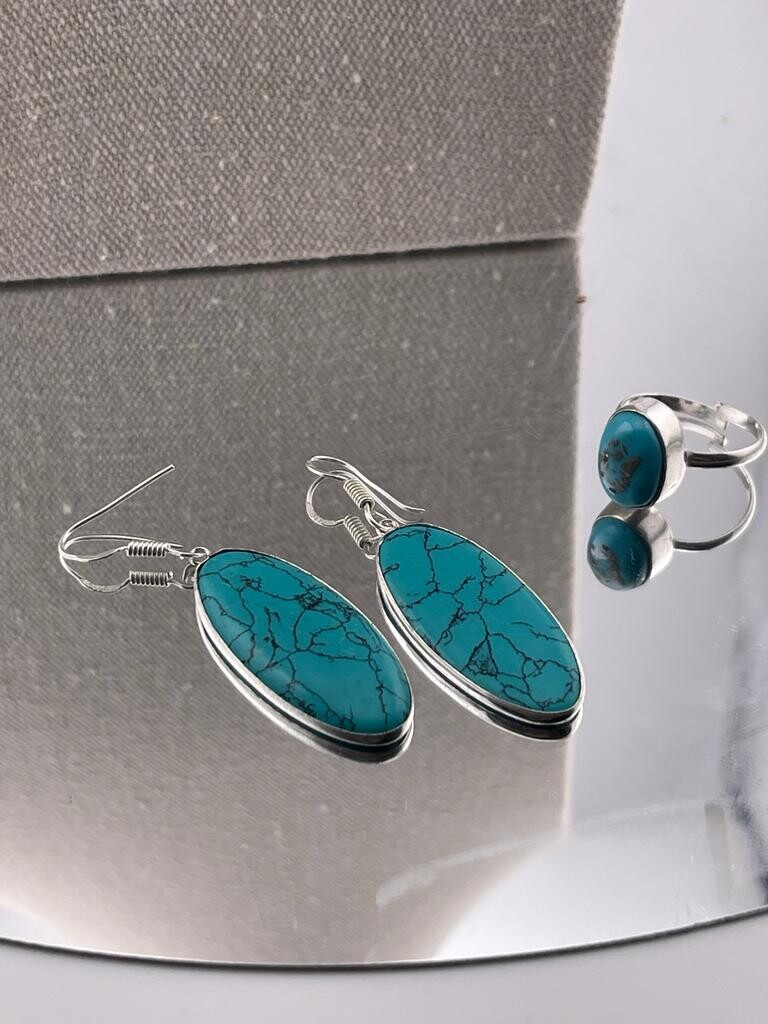 Turquoise Gemstone Earrings and Ring Sterling Silver