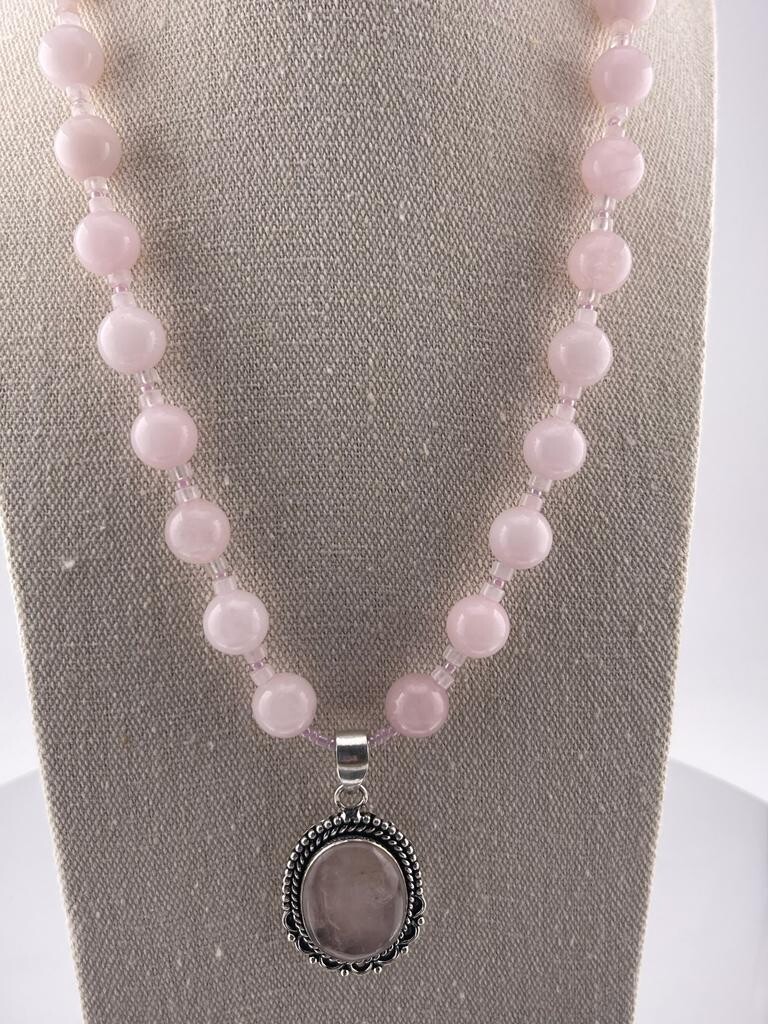 Rose Quartz Beaded Neklace with Pendant and Sterling Silver