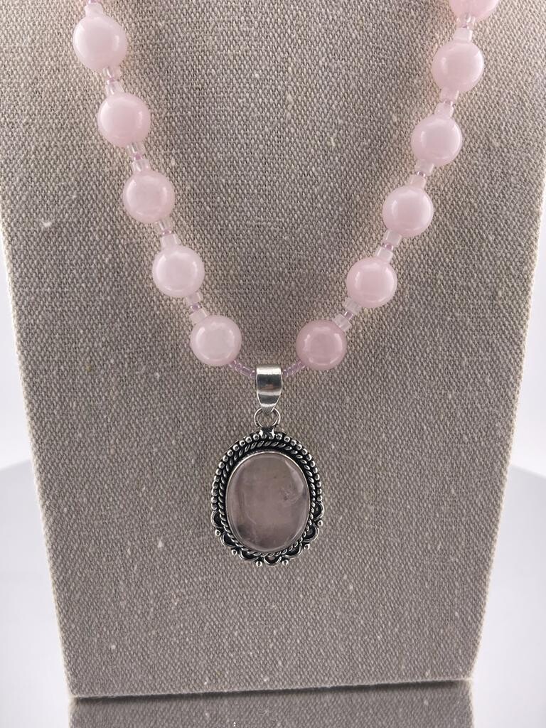 Rose Quartz Beaded Neklace with Pendant and Sterling Silver