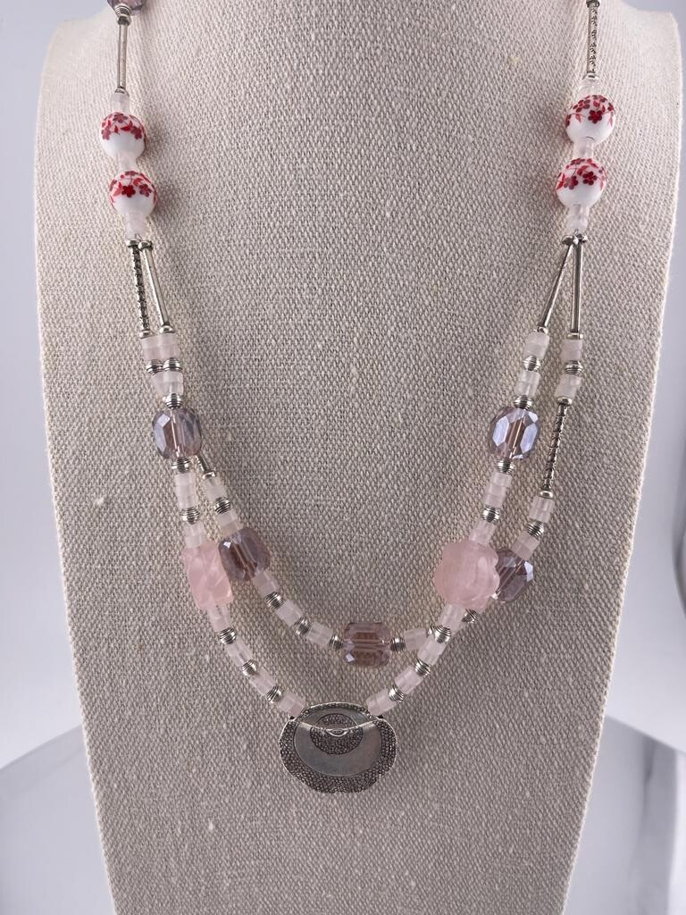 Beautiful Rose Quartz, Crystal and Sterling Silver Double Strand Necklace