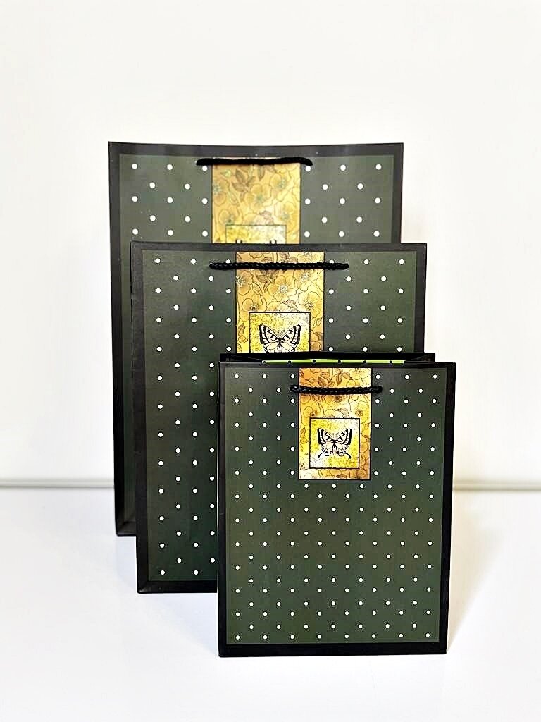 Butterfly & Dots Army Green Large Gift Bag  PK3 (R20 Each)