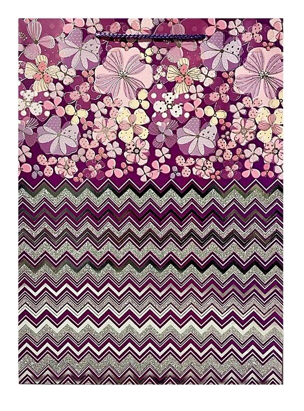 Flowers Purple Zig Zag Glitter Large Gift Bag PK3 (R20 Each)