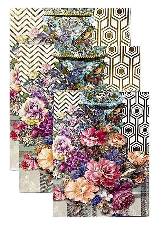 Flowers with Gold Zig Zag & Hexagon Background Large Gift Bag PK3 (R20 Each)