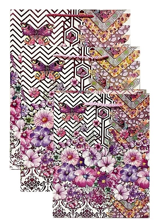 Flowers with Pink Zig Zag & Hexagon Background Large Gift Bag PK3 (R20 Each)