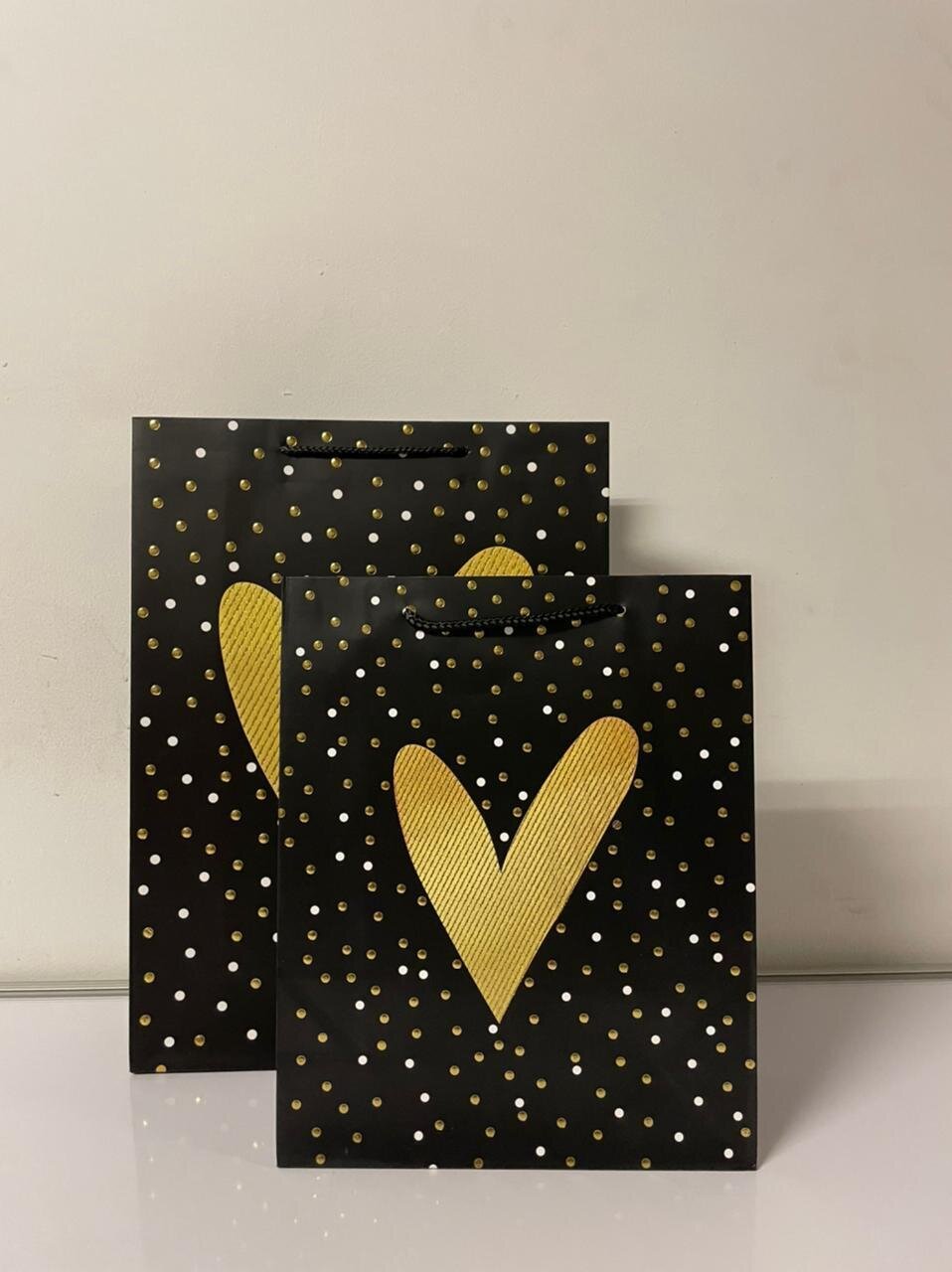 Gold Heart Black Polka Dot Large Gift Bag PK3 (R20 Each)