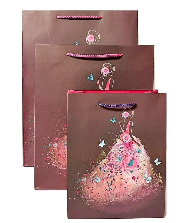 Lady In Pink Dress with Butterflies Medium Gift Bag PK3 (R15.50 Each)