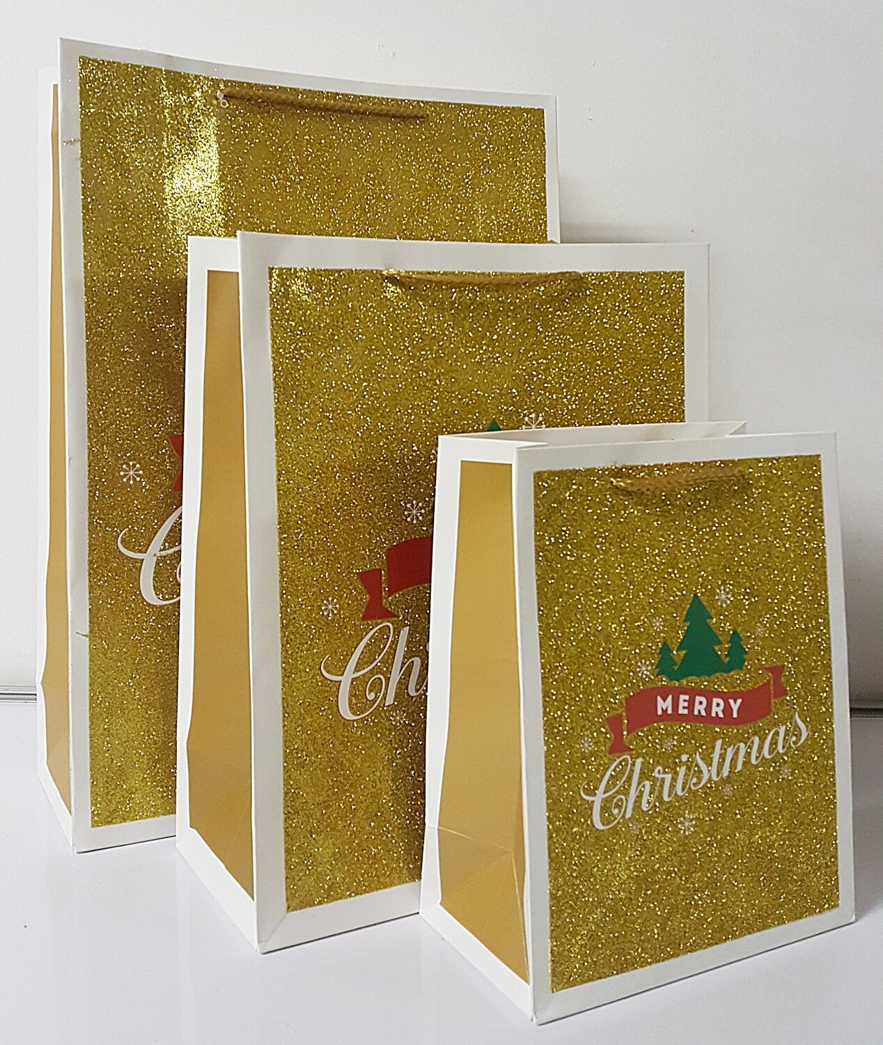 Merry Christmas Gold Glitter Gift Bag Large PK3 (R15 Each)