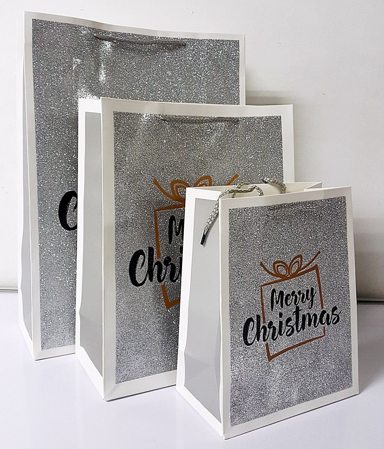 Merry Christmas Silver Glitter Gift Bag Large PK3 (R15 Each)