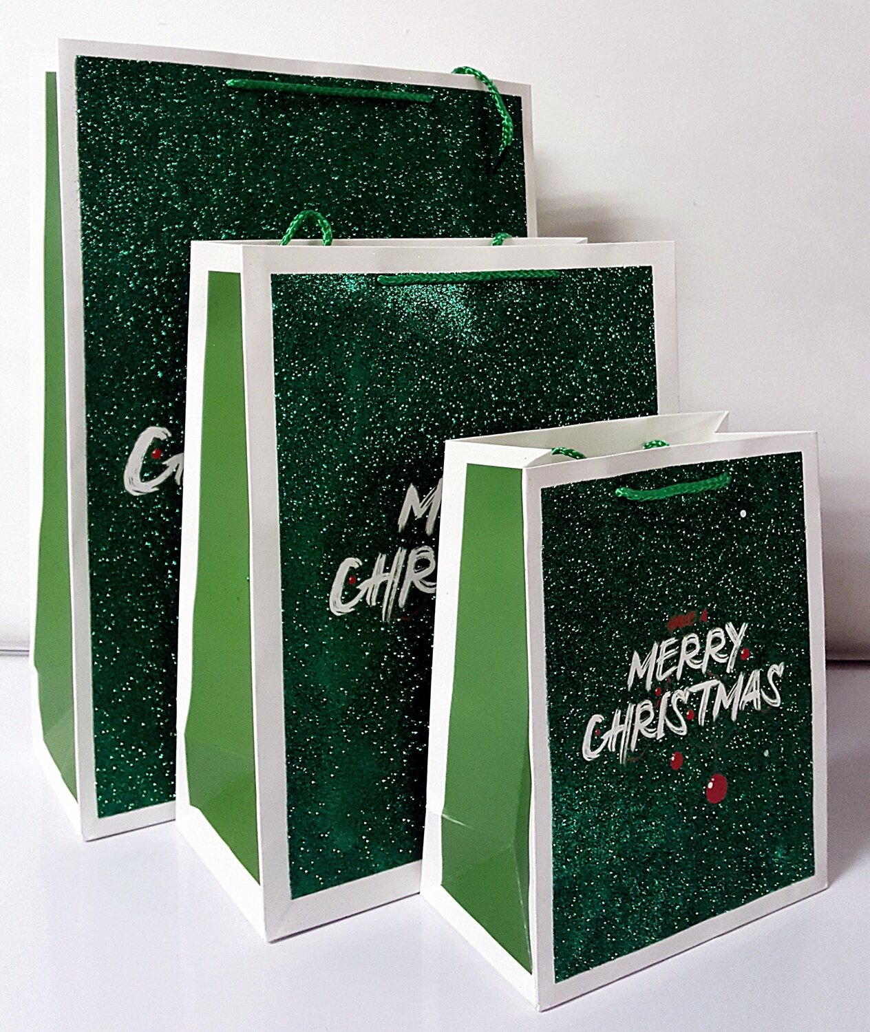 Merry Christmas Green Glitter Gift Bag Medium PK3 (R12.50 Each)