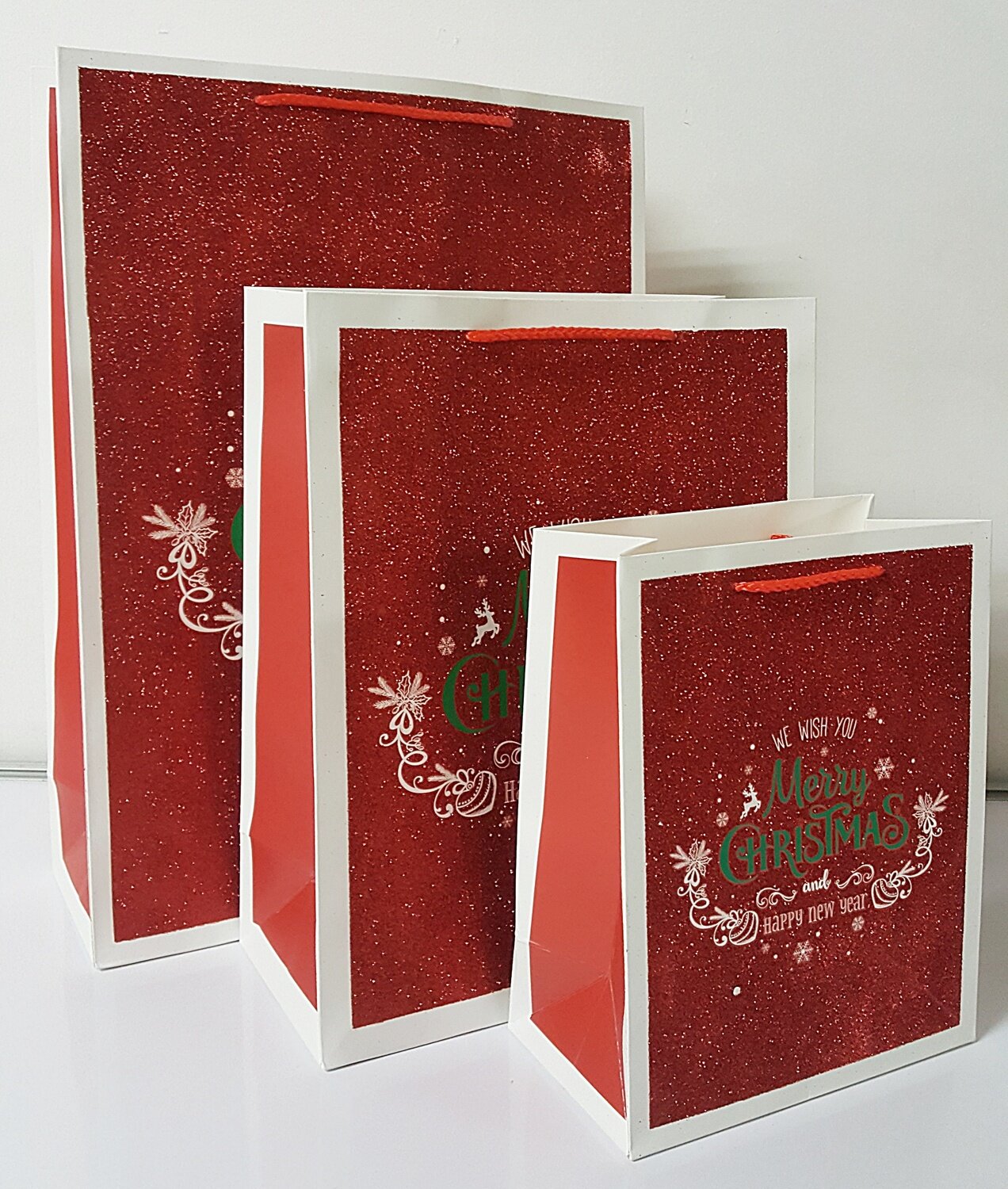 Merry Christmas Red Glitter Gift Bag Medium PK3 (R12.50 Each)