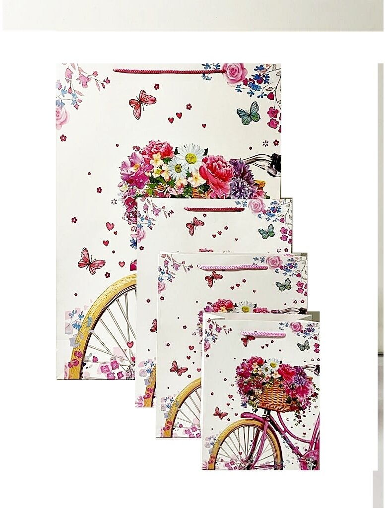 Flowers and Bicycle White Medium Gift Bag PK3 (R15.50 Each)