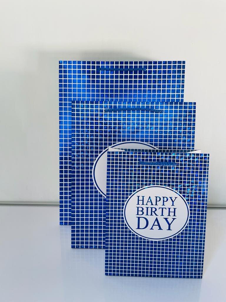 Happy Birthday Metallic Squares Blue Medium Gift Bag PK3 (R15.50 Each)