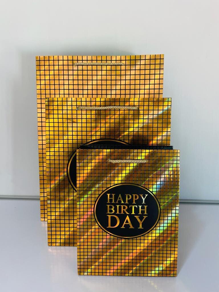 Happy Birthday Metallic Squares Gold Medium Gift Bag PK3 (R15.50 Each)