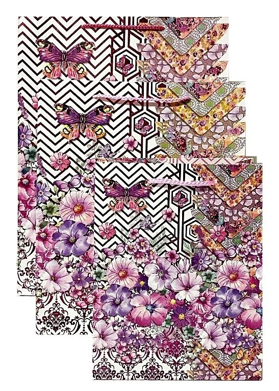 Flowers with Pink Zig Zag & Hexagon Background Small Gift Bag PK3 (R10.50 Each)