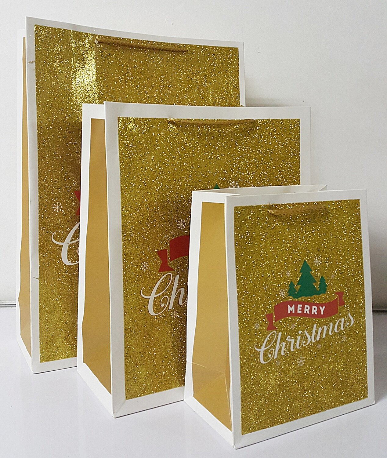 Merry Christmas Gold Glitter Gift Bag Small PK3 (R10 Each)