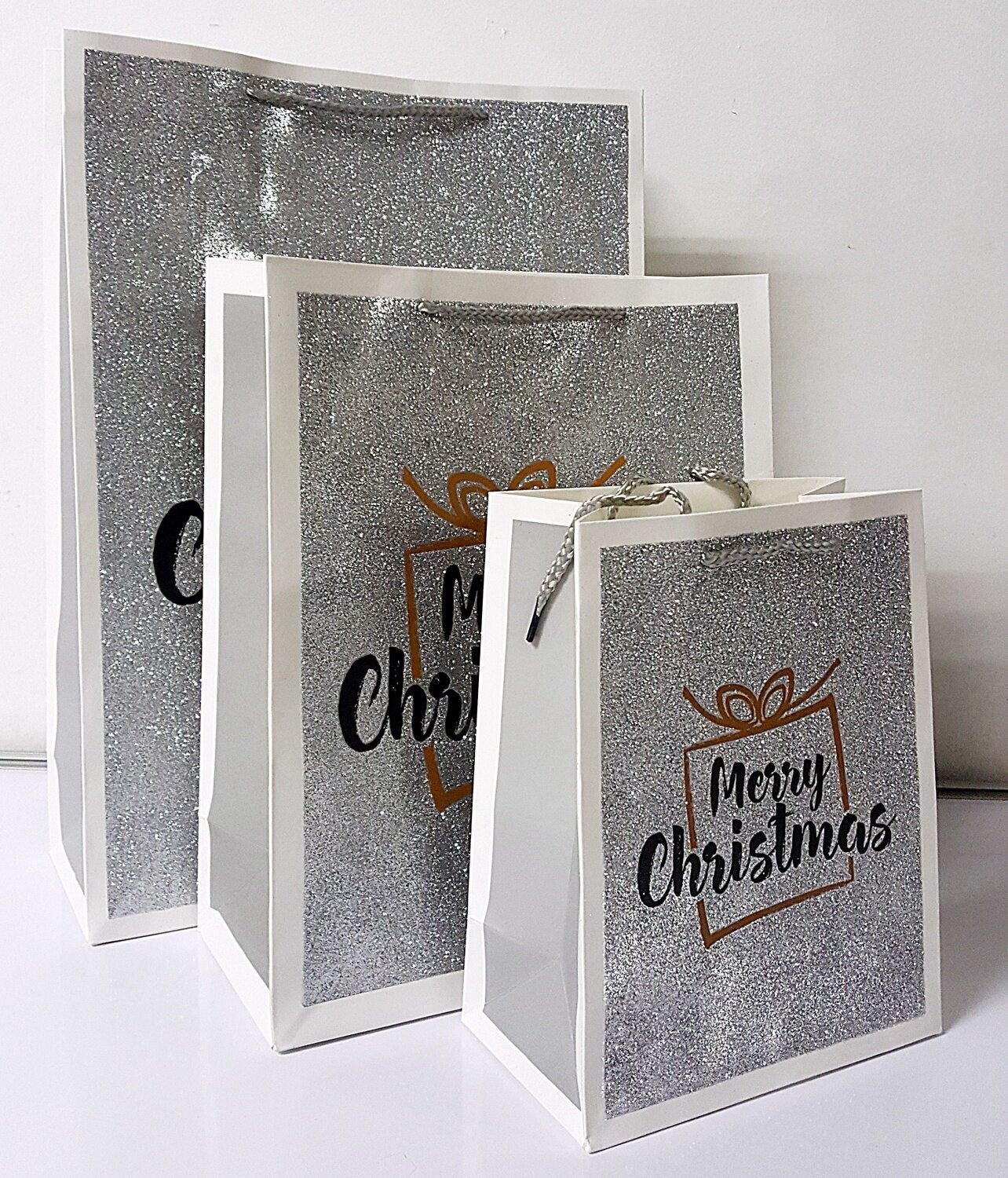Merry Christmas Silver Glitter Gift Bag Small PK3 (R10 Each)