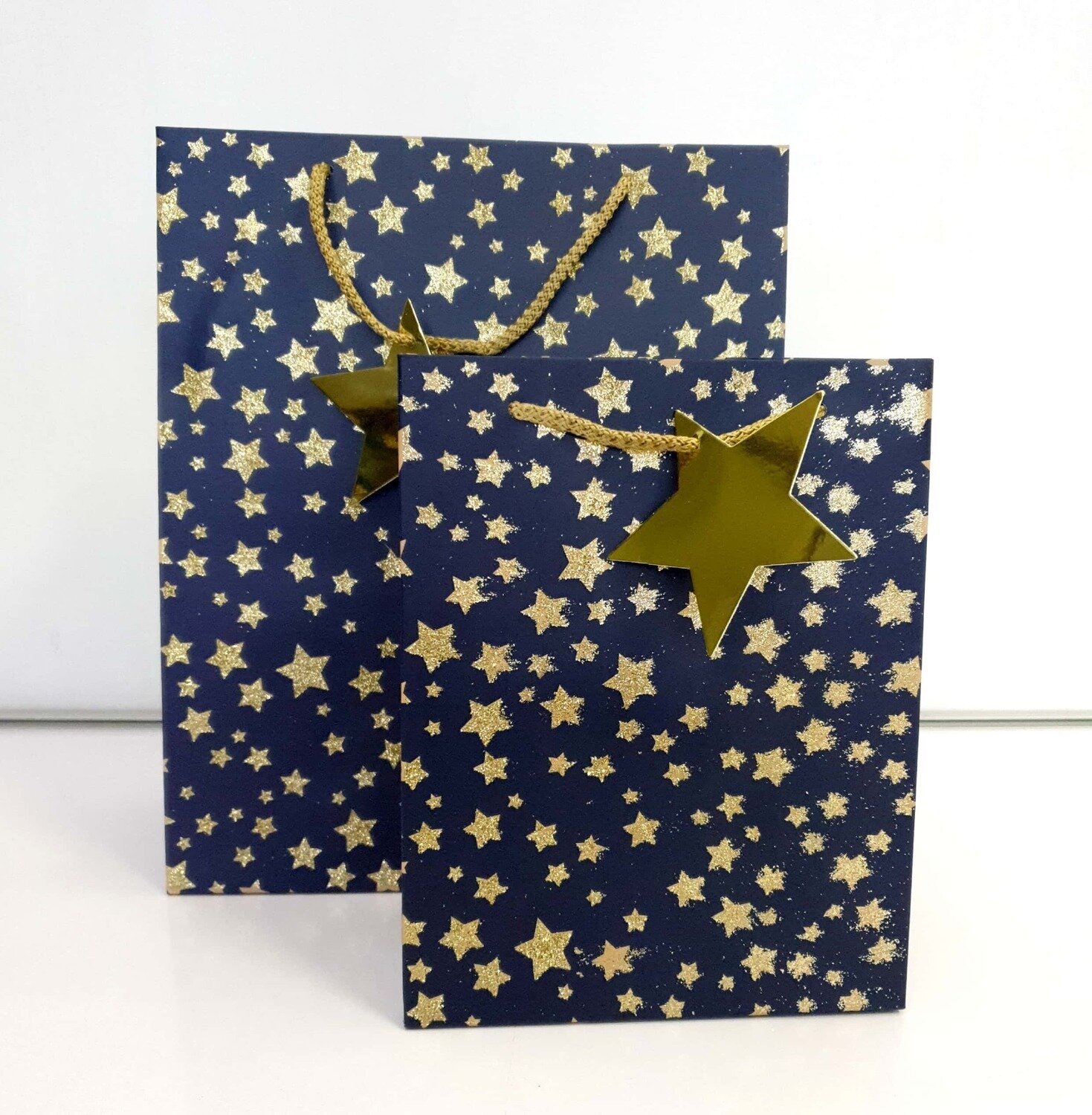 Gold Glitter Stars Navy Blue Small Gift Bag