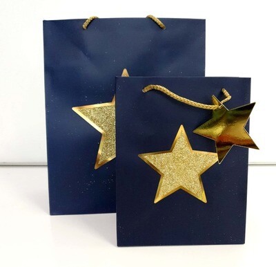 Large Gold Glitter Star Navy Blue Small Gift Bag PK3 (R15 Each)