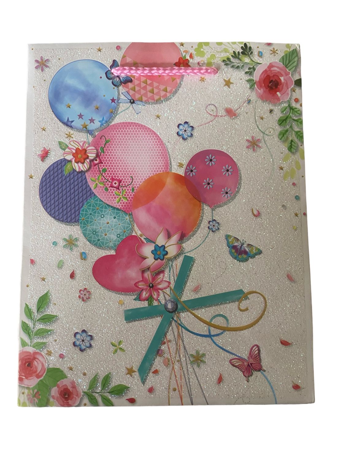 Balloons &amp; Flowers Glitter Small Gift Bag PK3 (R10.50 Each)
