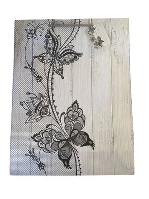 Gift Bag Medium - Black &amp; White Wood Butterfly PK3 (R12.50 Each)